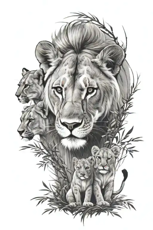 lioness with cubs walking in the forest tattoo design idea