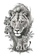 lioness with cubs walking in the forest tattoo design idea