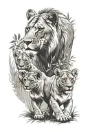lioness with cubs walking in the forest tattoo design idea