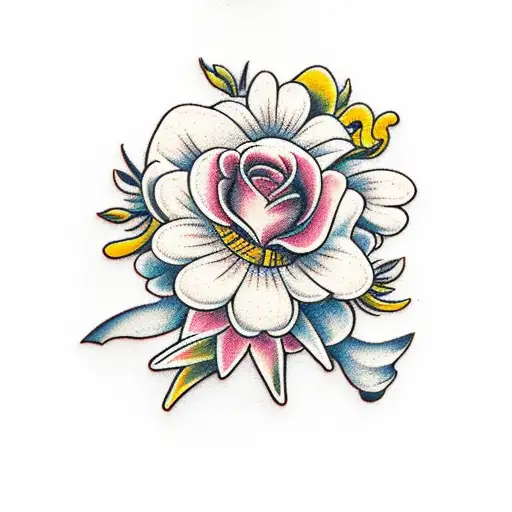 Rose, Poppy, Daffodil, Daisy, and Aster bouquet  tattoo design idea