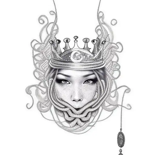 This is a leg sleeve: female, black, curly hair, crown (with snake pendent), no eyes, jewelry (front on thigh) Another b tattoo design idea
