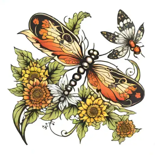 dragonflies surrounding dandelion and quilting design in wings tattoo design idea