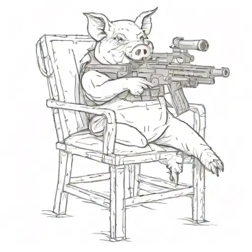 pig small chair machine gun tattoo design idea