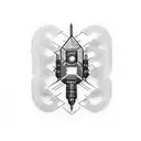 Make a sketch for a small tattoo with the following items: a synthesizer, a red checkered shirt and a B-52 cocktail tattoo design idea