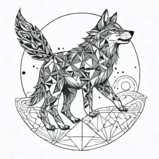 A stylized geometric wolf howling at the moon, with intricate dotwork details tattoo design idea