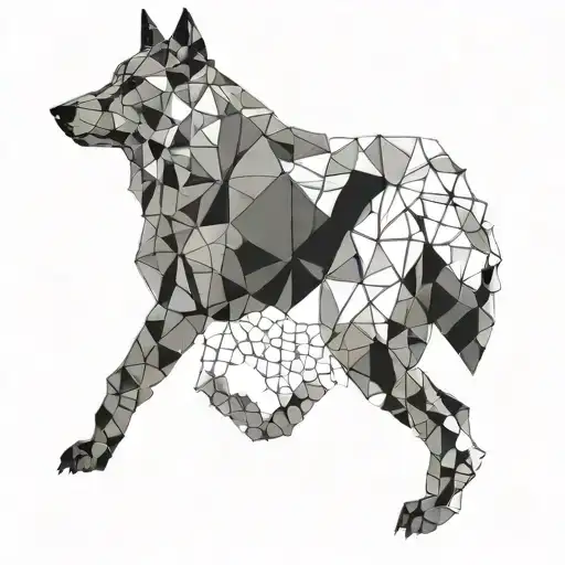 A geometric wolf silhouette filled with a black-grey gradient pattern resembling a scientific illustration tattoo design idea