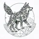 A stylized geometric wolf howling at the moon, with intricate dotwork details tattoo design idea