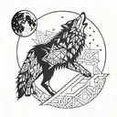 A stylized geometric wolf howling at the moon, with intricate dotwork details tattoo design idea