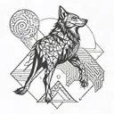A stylized geometric wolf howling at the moon, with intricate dotwork details tattoo design idea