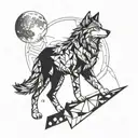 A stylized geometric wolf howling at the moon, with intricate dotwork details tattoo design idea