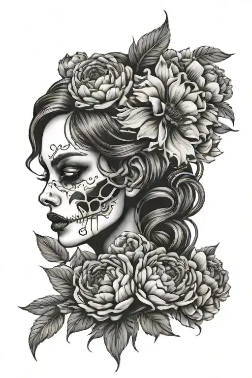 skull peonies vampire girl bites tattoo design idea