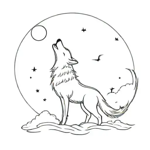 A minimalist tattoo design of a wolf howling at the moon, representing the night and the connection to animals tattoo design idea