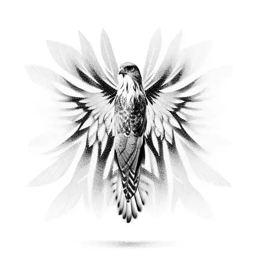 hawk soaring with 3D feather patterns in black and white  tattoo design idea