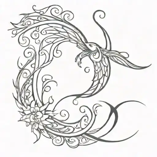 A minimalist tattoo of a phoenix and moon intertwined with intricate vine patterns, symbolizing the cycle of life and growth tattoo design idea