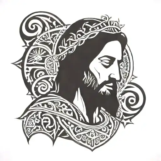 A tattoo of a stylized Jesus figure with intricate patterns inspired by ancient Roman and Greek art, representing faith and heritage tattoo design idea