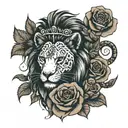 Lion with a snake head a cross a rose a flaming skull 2 nude woman riding a bicycle tattoo design idea