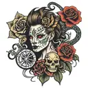 Lion with a snake head a cross a rose a flaming skull 2 nude woman riding a bicycle tattoo design idea