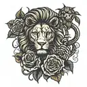 Lion with a snake head a cross a rose a flaming skull 2 nude woman riding a bicycle tattoo design idea