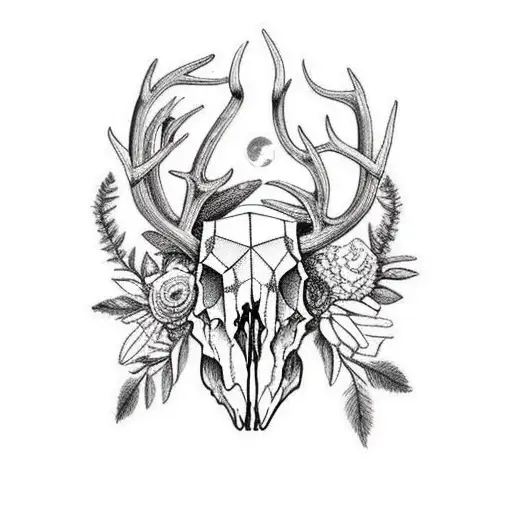deer skull with antlers and flowers and moon tattoo design idea