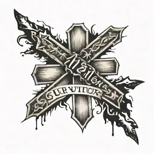 simple cross with 10/13/21  and survivor written next to it on forearm tattoo design idea