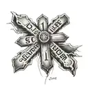 simple cross with 10/13/21  and survivor written next to it on forearm tattoo design idea