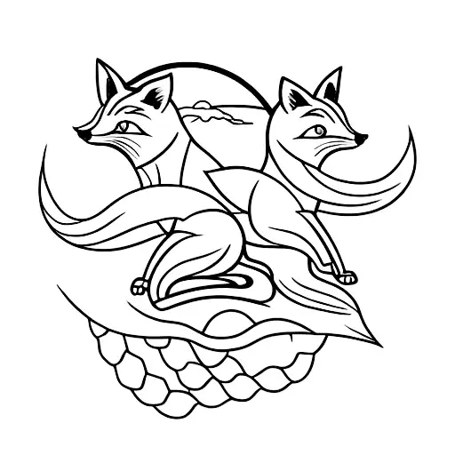 two foxes around the red sun tattoo design idea
