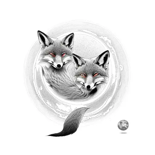 two foxes around the red sun tattoo design idea