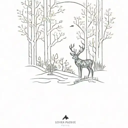 deer and hummingbird walking through a forest scene tattoo design idea
