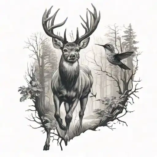 deer walking in a woods with a hummingbird flying behind it  tattoo design idea