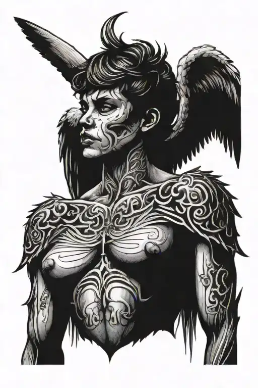 Fallen angel with burnt wings, big hips, turned back and facing the camera tattoo design idea