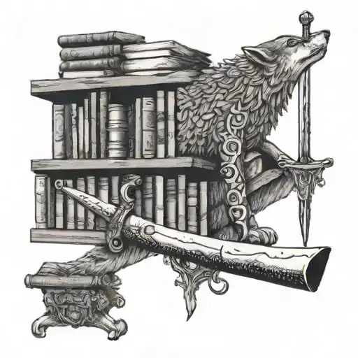 A bookshelf filled with books on knowledge, with a sword leaning against it and a wolf resting nearby tattoo design idea
