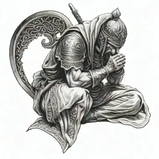 A warrior praying in a serene setting with the Quran open in front of them tattoo design idea