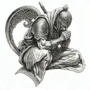 A warrior praying in a serene setting with the Quran open in front of them tattoo design idea