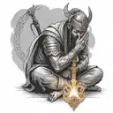 A warrior praying in a serene setting with the Quran open in front of them tattoo design idea