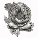 A warrior praying in a serene setting with the Quran open in front of them tattoo design idea
