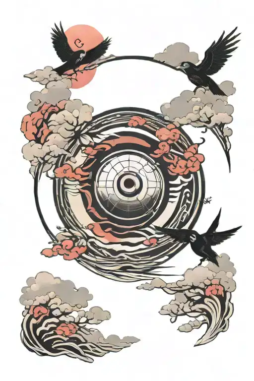 itachi mangekyou sharingan as moon reflecting on a lake with akatsuki clouds and itachi crows in the sky tattoo design idea