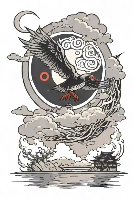 itachi mangekyou sharingan as moon reflecting on a lake with akatsuki clouds and itachi crows in the sky tattoo design idea