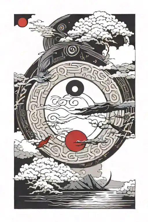 itachi mangekyou sharingan as moon reflecting on a lake with akatsuki clouds and itachi crows in the sky tattoo design idea