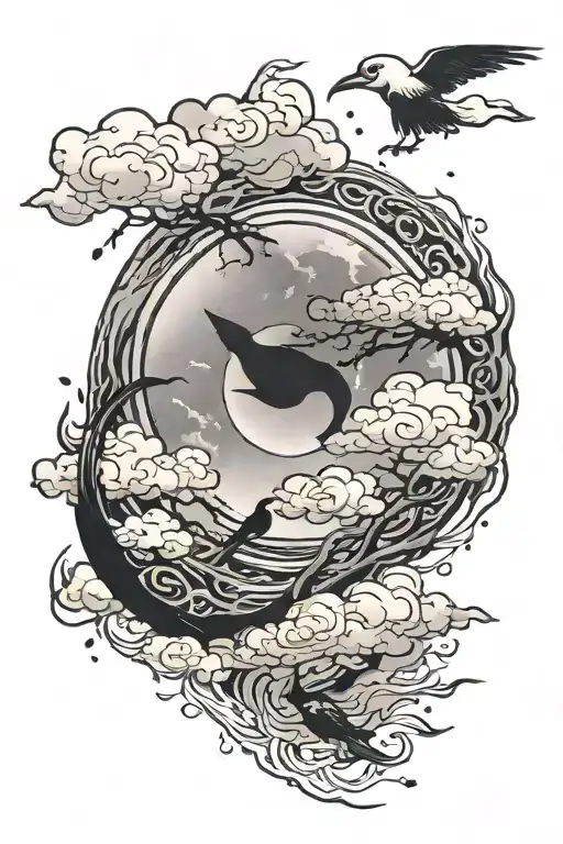 itachi mangekyou sharingan as moon reflecting on a lake with akatsuki clouds and itachi crows in the sky tattoo design idea