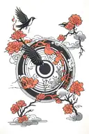 itachi mangekyou sharingan as moon reflecting on a lake with akatsuki clouds and itachi crows in the sky tattoo design idea