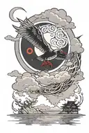 itachi mangekyou sharingan as moon reflecting on a lake with akatsuki clouds and itachi crows in the sky tattoo design idea