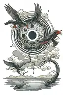 itachi mangekyou sharingan as moon reflecting on a lake with akatsuki clouds and itachi crows in the sky tattoo design idea