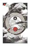 itachi mangekyou sharingan as moon reflecting on a lake with akatsuki clouds and itachi crows in the sky tattoo design idea