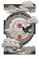 itachi mangekyou sharingan as moon reflecting on a lake with akatsuki clouds and itachi crows in the sky tattoo design idea