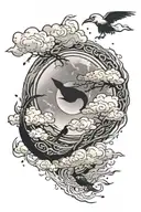 itachi mangekyou sharingan as moon reflecting on a lake with akatsuki clouds and itachi crows in the sky tattoo design idea