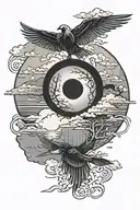 itachi mangekyou sharingan as moon reflecting on a lake with akatsuki clouds and itachi crows in the sky tattoo design idea