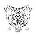 A minimalist design of hands forming the American Sign Language I love you symbol, with flowers entwined around the fingers tattoo design idea