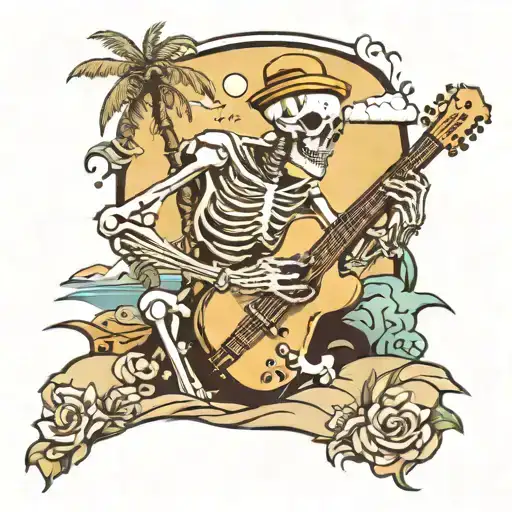 skeleton playing guitar on beach scene tattoo design idea