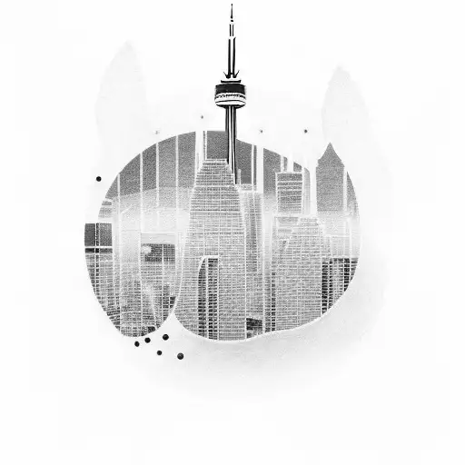 A dotwork tattoo of a gun morphing into the Toronto skyline, representing the client's connection between their passion for guns and their love for their city. tattoo design idea