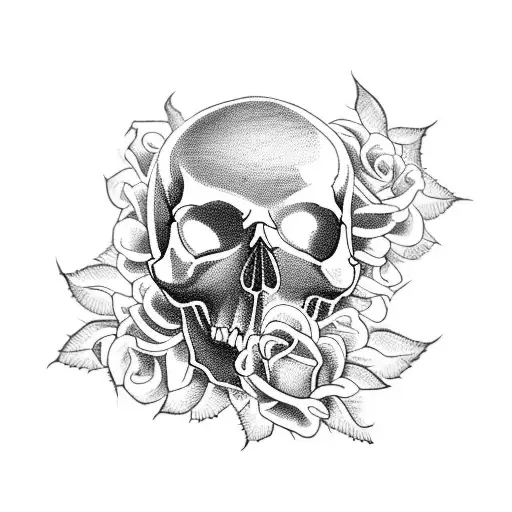 A blackwork tattoo of a skull adorned with roses and thorny vines, symbolizing the client's love for both the beauty and danger found in the Ghetto and Gangster lifestyle. tattoo design idea